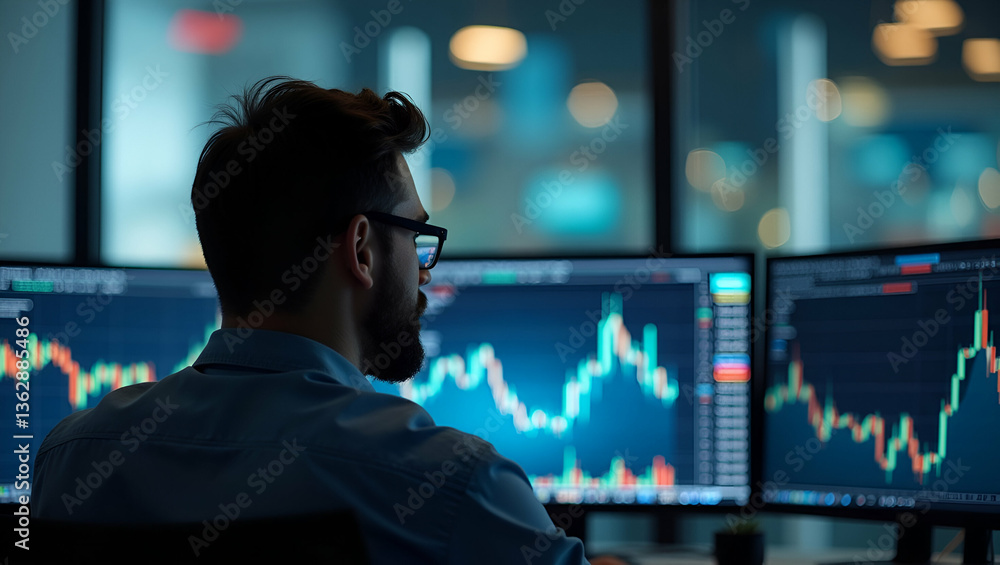 Successful Trader Analyzing Stock Market Data on Multiple Screens in Modern Office - Photo Concept Successful Trader Analyzing Stock Market Data on Multiple Screens in Modern Office - Photo Concept
