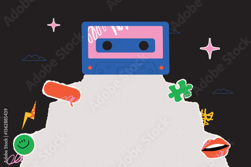 A bright collage illustration with torn paper, a cassette, lips, a piece of a puzzle and a speech bubble, lightning, clouds and stars. Template for the design of a flyer, social media.