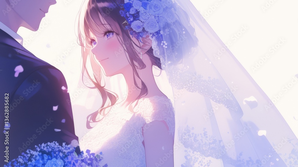 Romantic anime couple wedding scene with groom kissing bride's forehead in white dress and veil Romantic anime couple wedding scene with groom kissing bride's forehead in white dress and veil