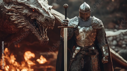 A warrior in shining armor holding a sword standing behaind dragon