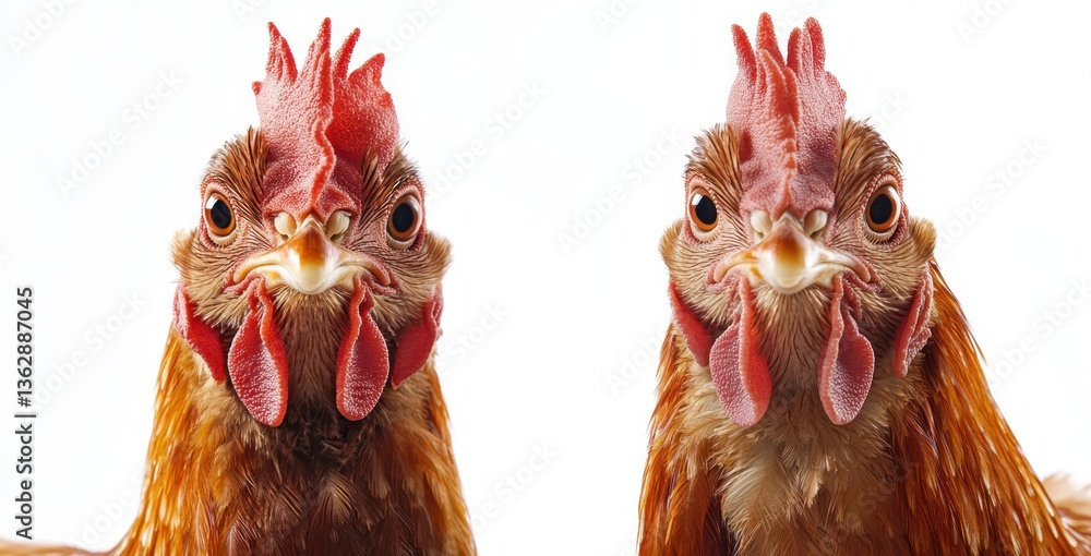 Naklejka premium Close-up portrait of two vibrant chickens showcasing their unique features and expressions