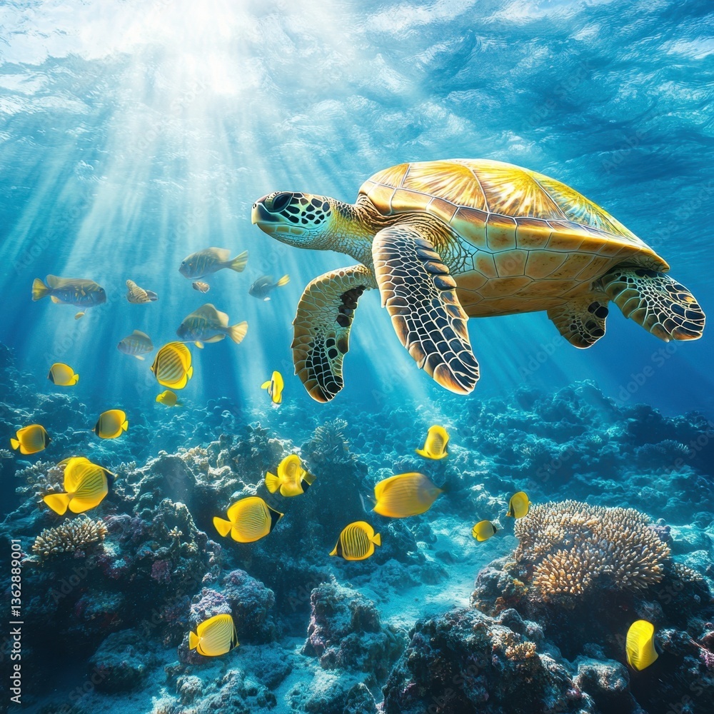 Obraz premium Majestic sea turtle gracefully swimming through vibrant coral reef with sun rays and school of yellow fish