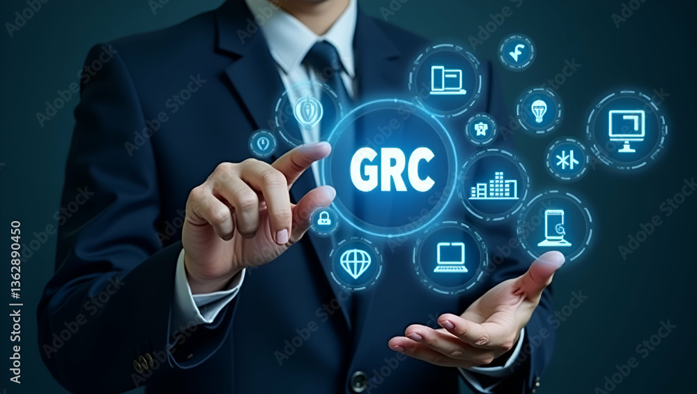 Businessman Engaging with GRC Icons on Digital Interface: Governance, Risk Management, Compliance & Business Ethics in Organizational Management - Stock Photo Concept with Left Space Businessman Engaging with GRC Icons on Digital Interface: Governance, Risk Management, Compliance & Business Ethics in Organizational Management - Stock Photo Concept with Left Space