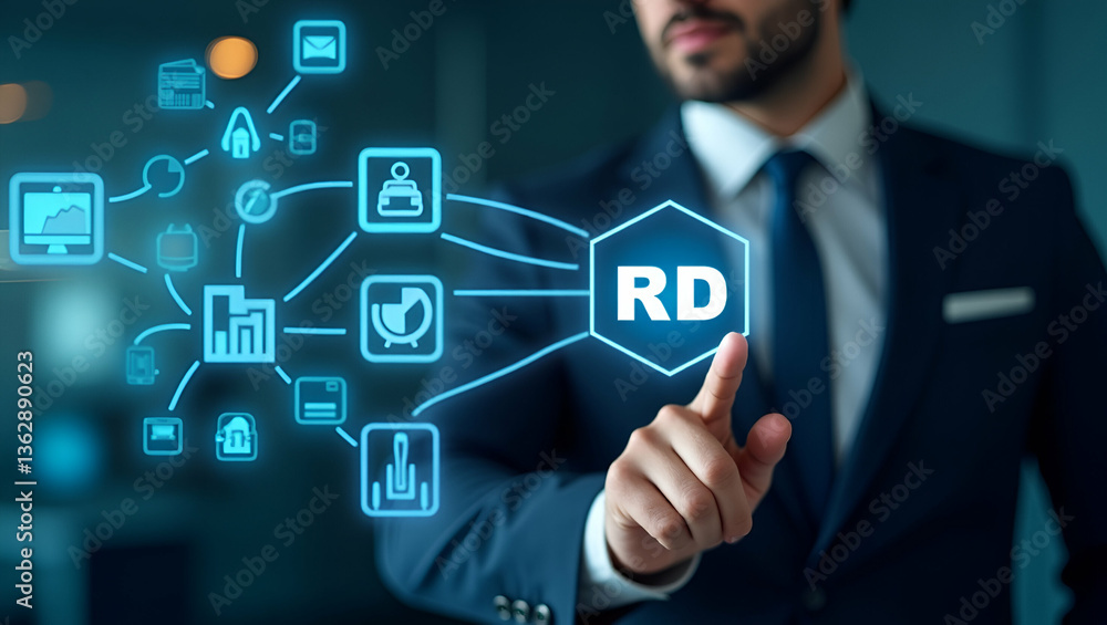 Flat Businessman Engaging with R&D Icons on Digital Interface: A Cute Vector Illustration of Innovation Technology and Human Resources for Strategic Growth Flat Businessman Engaging with R&D Icons on Digital Interface: A Cute Vector Illustration of Innovation Technology and Human Resources for Strategic Growth
