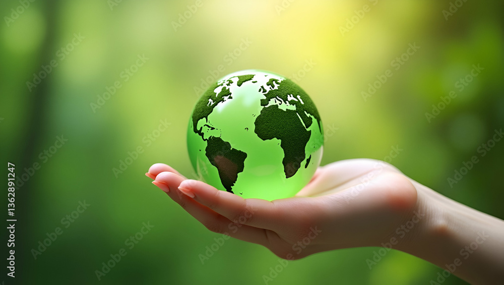 Flat Hand Holding Green Globe: A Cute Vector Illustration Symbolizing Nature Management, ESG Principles, Sustainability, Ecology, and Renewable Energy for Environmental Conservation Flat Hand Holding Green Globe: A Cute Vector Illustration Symbolizing Nature Management, ESG Principles, Sustainability, Ecology, and Renewable Energy for Environmental Conservation