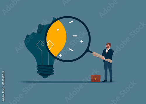 Businessman holding a magnifying glass analyzing lightbulb. After business failure, burnout or exhausted from crisis, no new idea or inspiration. Vector illustration. 