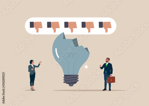 Crashed lightbulb with icons dislike. Financial crisis and Global economic money problem. After business failure, burnout or exhausted from crisis, no new idea or inspiration. Flat vector illustration