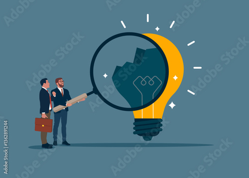 Business people holding a magnifying glass analyzing crashed lightbulb. After business failure, burnout or exhausted from crisis, no new idea or inspiration. Flat vector illustration. 