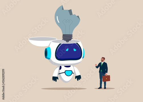 Open robot head to see crashed lightbulb. Business idea trap concept. Artificial intelligence. Vector illustration