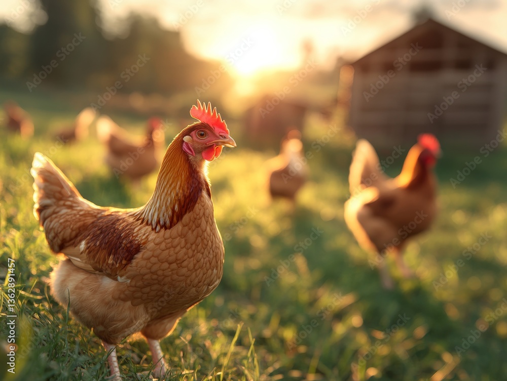 Fototapeta premium A serene organic farm where free-range chickens roam. Generative AI