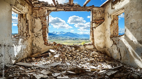 Destroyed room with debris and mountain view through broken window frame