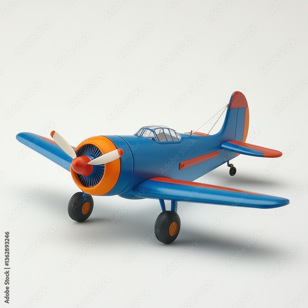 Fototapeta premium Nostalgic Blue and Orange Toy Airplane Model on White Backdrop Capturing Childhood Dreams and Aviation Spirit with a Clean Studio Shot