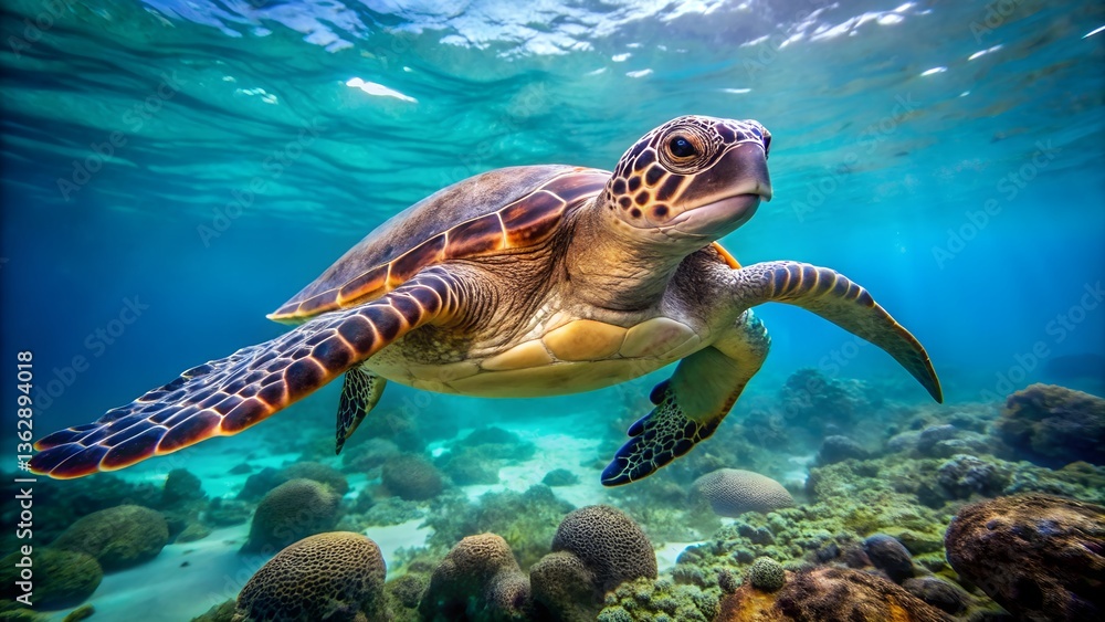 Obraz premium Green sea turtle swimming in the ocean near a coral reef