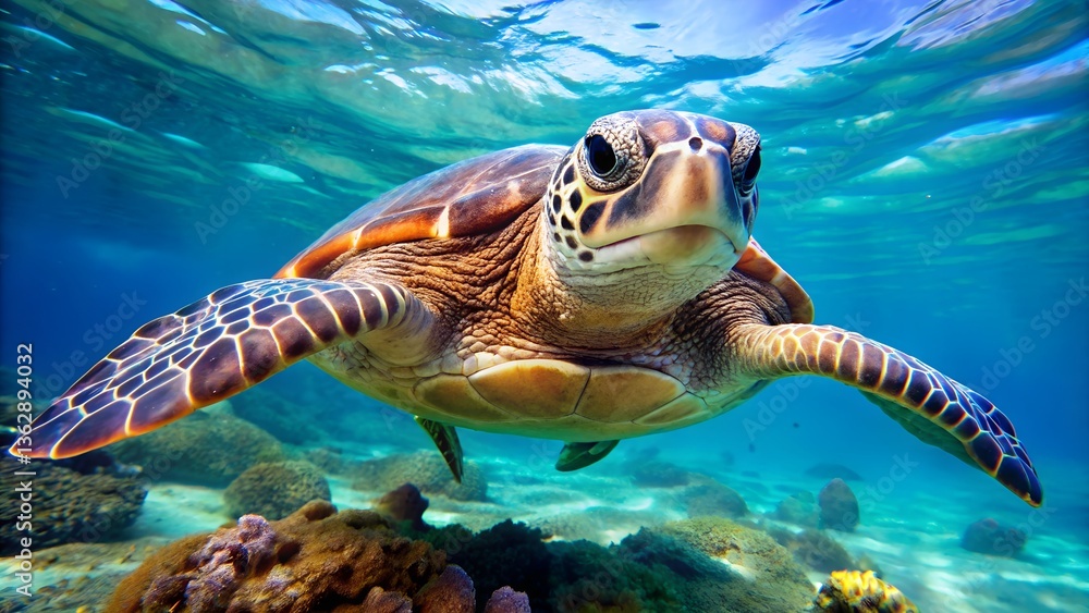 Fototapeta premium Green sea turtle swimming through a tropical coral reef