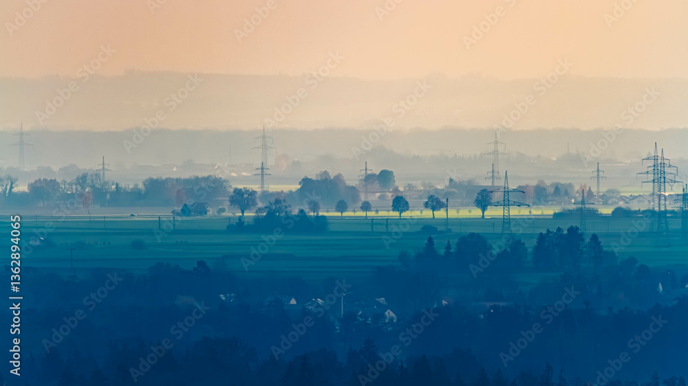 Fototapeta premium Evening far view seen from Mount Bogenberg, Bogen, Danube, Straubing-Bogen, Bavaria, Germany