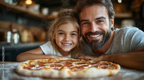 A joyful father and daughter bonding over homemade pizza in a cozy kitchen setting filled with warmth and love