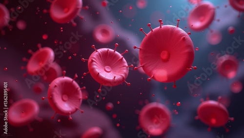 Futuristic 3D Illustration of Infected Red Blood Cells in a Microscopic View
