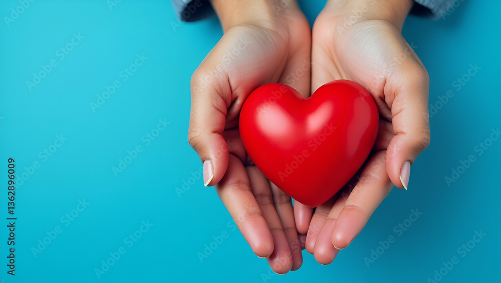 Top View of Hands Holding a Red Heart on Blue Background: Symbolizing Healthcare, Wellbeing, Organ Donation, and Life Insurance for World Heart Day, World Health Day, and National Organ Donor Day Top View of Hands Holding a Red Heart on Blue Background: Symbolizing Healthcare, Wellbeing, Organ Donation, and Life Insurance for World Heart Day, World Health Day, and National Organ Donor Day
