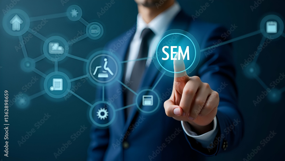 Businessman Highlights SEM Icons for Effective SEO Strategies in Marketing Businessman Highlights SEM Icons for Effective SEO Strategies in Marketing