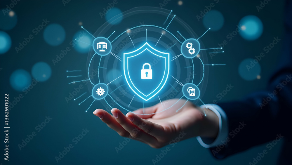 Flat Hand holding holographic Zero Trust security model interface surrounded by security icons emphasizing cybersecurity principles and secure network access in empty space concept as Hand holds holog Flat Hand holding holographic Zero Trust security model interface surrounded by security icons emphasizing cybersecurity principles and secure network access in empty space concept as Hand holds holog