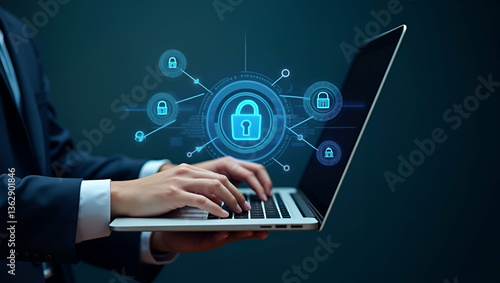 Flat Hand Using Laptop with Holographic Zero Trust Security Icons