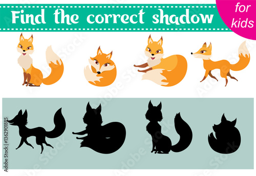 Brainteaser for kids. Zoo animals. Cute foxes. Find the correct shadow. Educational cards. Activity for preschoolers and toddlers.