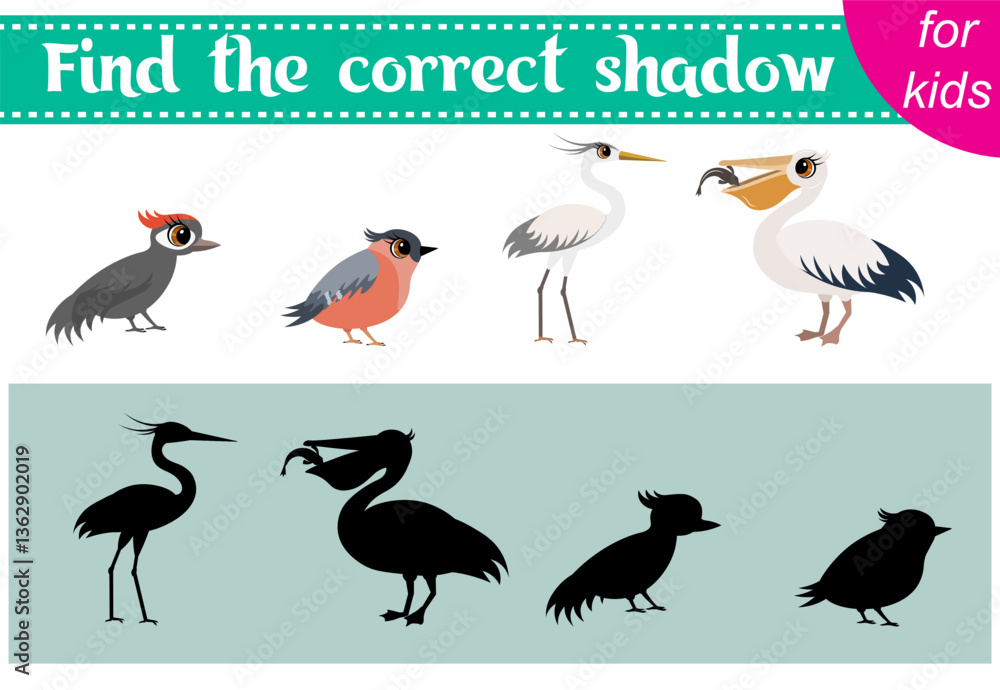 Fototapeta premium Brainteaser for kids. Zoo animals. Woodpecker, bullfinch, heron and pelican. Find the correct shadow. Educational cards. Activity for preschoolers and toddlers.
