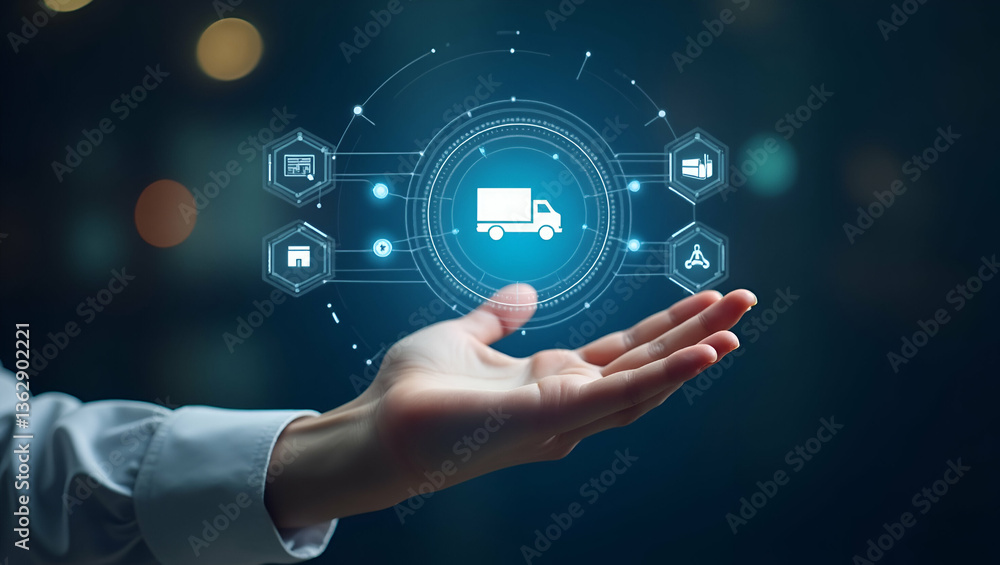 Flat Hand Engaging with Holographic Procurement Interface: Streamlining Logistics and Inventory Management in a Smart Business Environment - Cute Vector Illustration Flat Hand Engaging with Holographic Procurement Interface: Streamlining Logistics and Inventory Management in a Smart Business Environment - Cute Vector Illustration