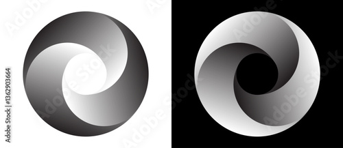 Set of circles with lines with gradient. Dynamic design element, icon or logo. One spiral on white background and negative spiral on black background.