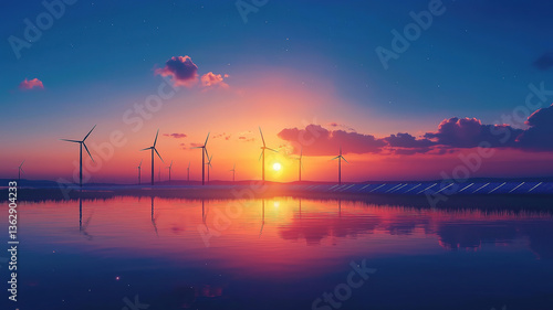 Vibrant sunset with windmill turbines and solar panels under a clear blue sky symbolizing clean energy