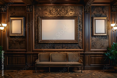 • A sophisticated art gallery with a series of empty, large-scale frames arranged in a symmetrical pattern on a textured wall