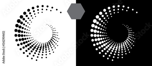 Halftone round as icon or background. Abstract vector circle, spiral with hexagons as logo or emblem. Black shape on a white background and the same white shape on the black side.