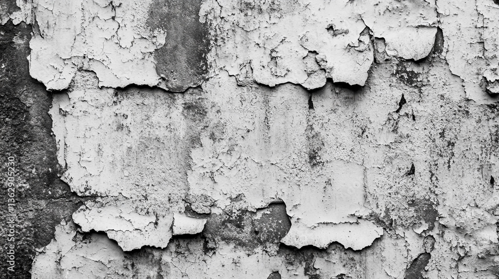 Fototapeta premium Close up of peeling paint on a wall showing signs of age and deterioration in monochrome style image