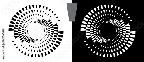 Spiral as background with quadrangles. Circle design element or icon, logo. Black shape on a white background and the same white shape on the black side.