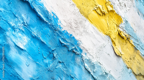 Abstract painting with blue yellow and white textured brush strokes in diagonal composition style