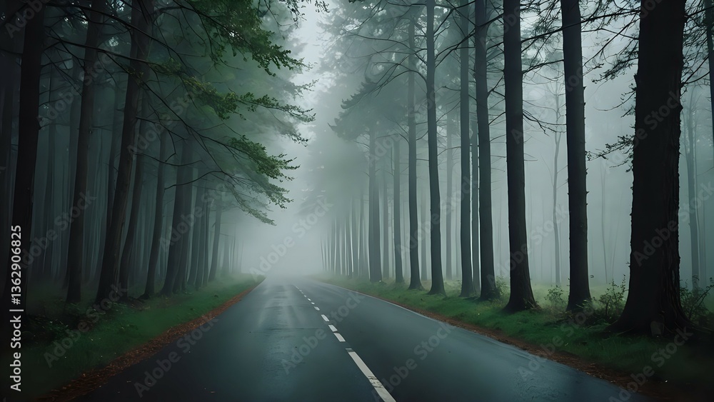 Obraz premium Mysterious foggy road disappearing into a dense forest. Perfect for fantasy, mystery, or suspense themes.
