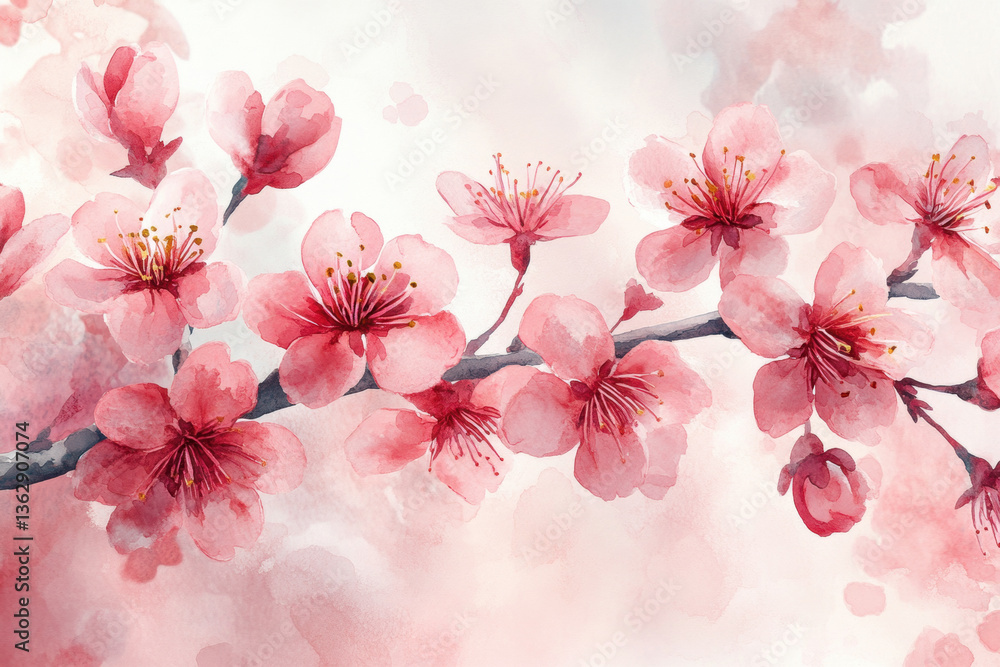 Watercolor cherry blossom background with soft pink petals floating in serene blue water. Watercolor cherry blossom background with soft pink petals floating in serene blue water.