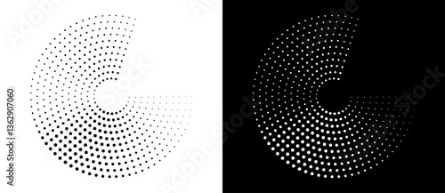 Modern abstract background. Halftone dots in circle form. Letter C like logo, icon or design element. Black dots on a white background and white dots on the black side.
