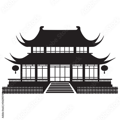 Chinese house silhouette vector Black illustration, black chinese building. with white background