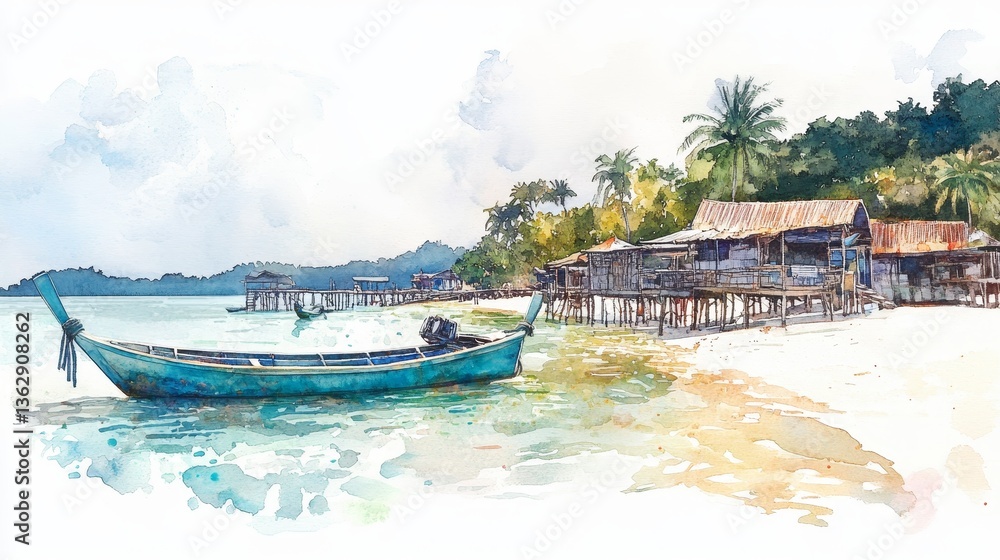 Obraz premium Koh Rong Island Watercolor Serenity - Tropical beach scene, tranquil waters, stilt houses, longtail boat, peaceful island paradise. Symbolizes relaxation, escape, adventure, serenity, and beauty
