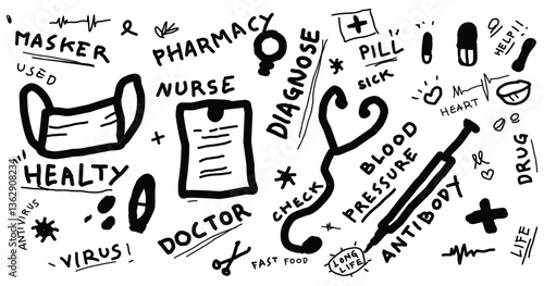 doodle of doctors kit medicines icon pack.eps
