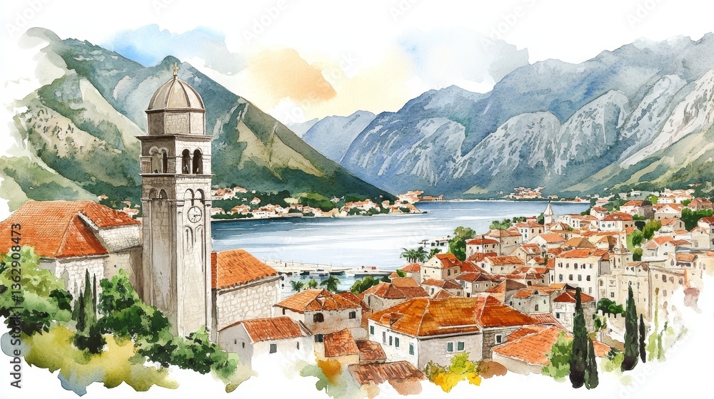 Obraz premium Kotor Montenegro Watercolor Landscape - Picturesque watercolor painting of Kotor, Montenegro. Depicts coastal town, mountains, sea, architecture, and serenity. Symbolizes travel, beauty, history