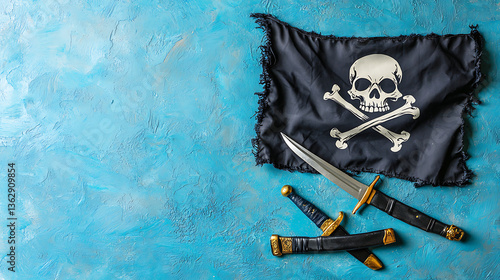 Pirate flag and daggers on textured surface