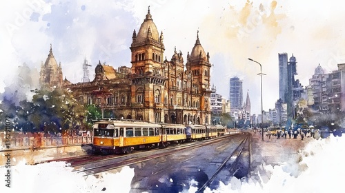 Fototapeta Naklejka Na Ścianę i Meble -  Mumbai's Victorian Charm and Modern Skyline - A watercolor painting depicting Mumbai's architectural blend: Victorian-era buildings, a vintage tram, and a modern cityscape. Symbols of history