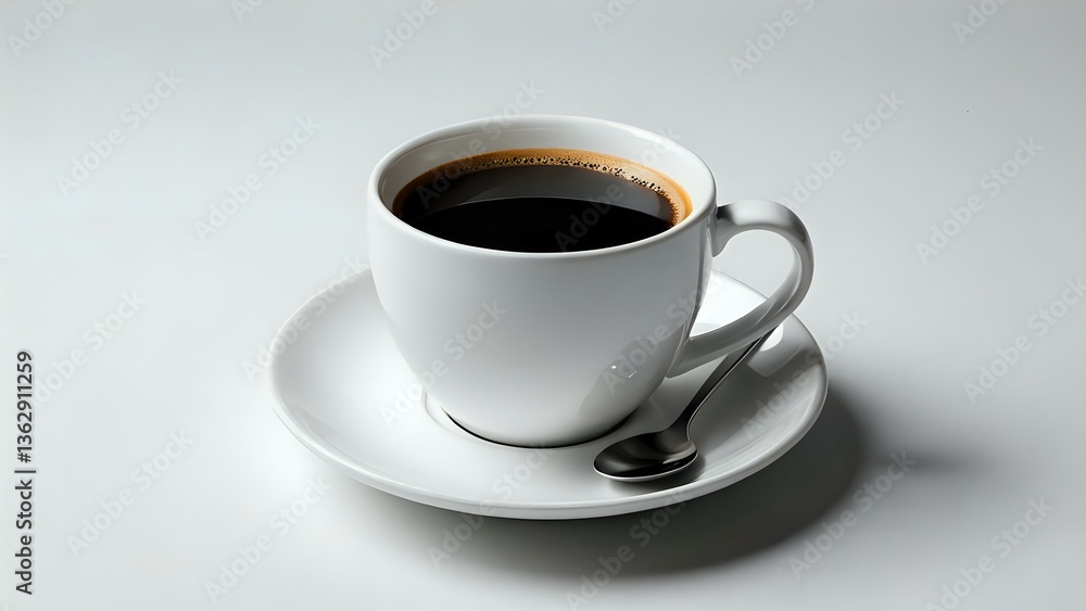 A steaming cup of black coffee in a white mug on a saucer, accompanied by a small spoon. Perfect for breakfast, work, or relaxation imagery. A steaming cup of black coffee in a white mug on a saucer, accompanied by a small spoon. Perfect for breakfast, work, or relaxation imagery.