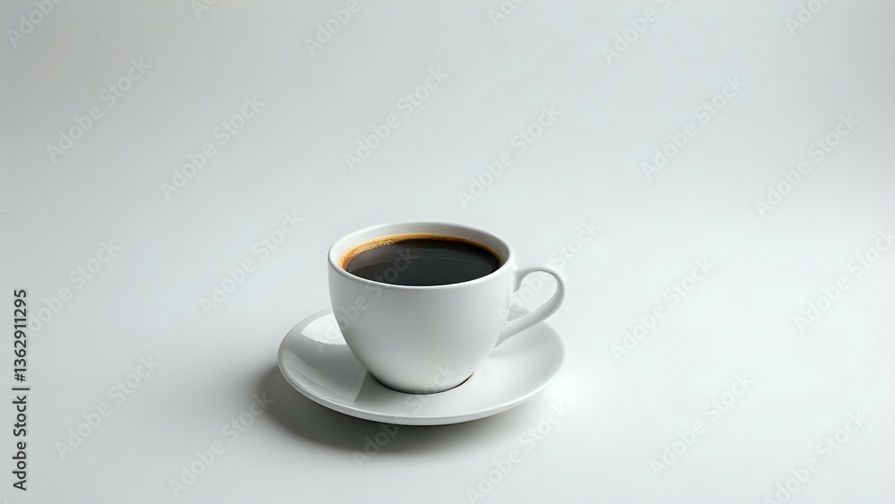 A single cup of black coffee sits on a saucer against a minimalist white background. Perfect for coffee shop menus, websites, or blogs. A single cup of black coffee sits on a saucer against a minimalist white background. Perfect for coffee shop menus, websites, or blogs.