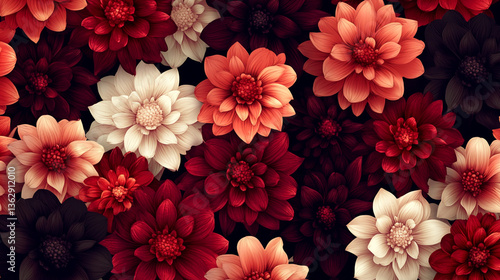 Close up shot of a collection of dahlias in varying shades of red white and orange on a dark background