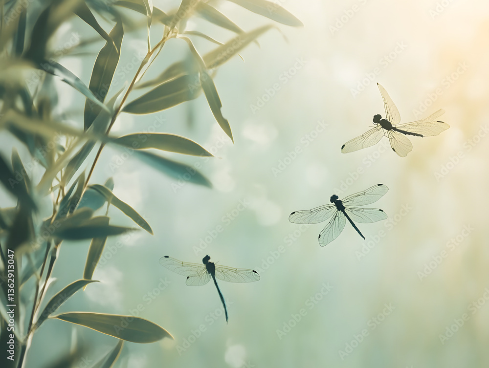 Obraz premium Enchanting Dragonflies in a Softly Lit Natural Setting