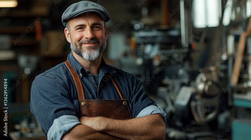 Smiling craftsman, arms crossed, wearing a leather apron and newsboy cap in a workshop setting, showcasing craftsmanship and skilled labor Smiling craftsman, arms crossed, wearing a leather apron and newsboy cap in a workshop setting, showcasing craftsmanship and skilled labor