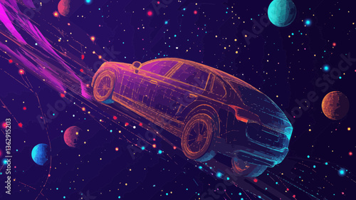 Futuristic Car in Starry Space Universe, Abstract Vector Illustration with Planets, Stars, and Galactic Lines, Flat Minimalist SVG Art for Business and Technology Concepts